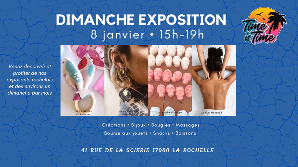 Dimanche exposition janvier 2023 La Rochelle Créations coutures bijoux bougies massages